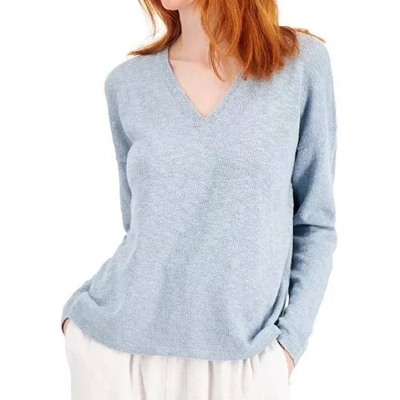 Eileen Fisher Organic Cotton Linen Blue V Neck Pull over, XS - Picture 7 of 7